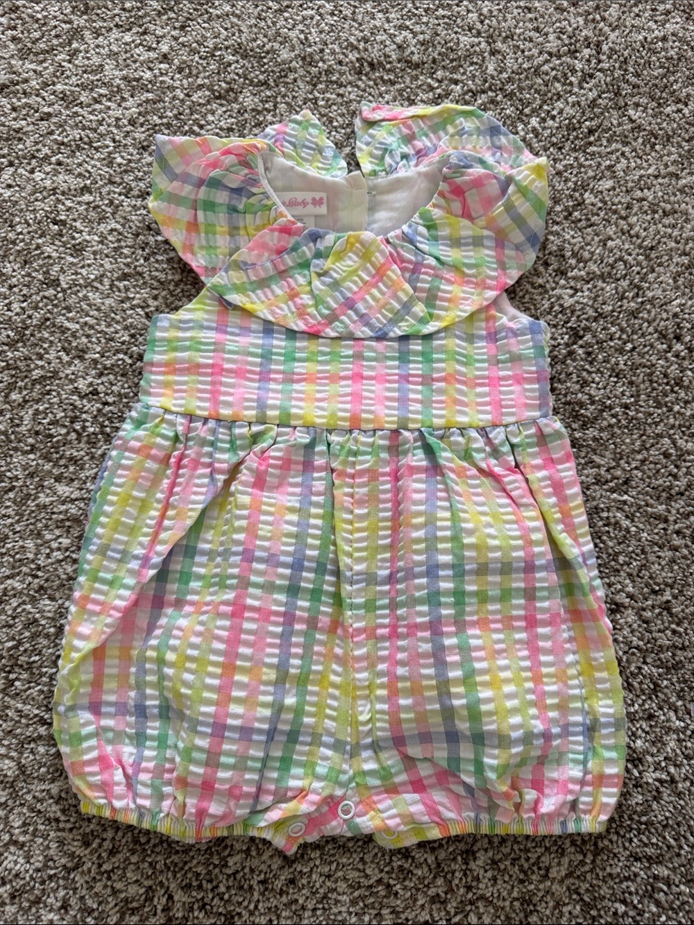 Bonnie Baby Pastel Plaid Ruffle Collar One-Piece — Pink, Yellow, Green, Blue